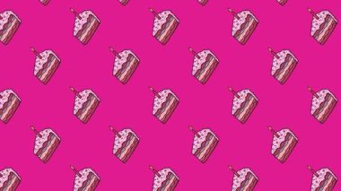 Parlak pembe arka planda elle çizilmiş doğum günü pastası dilimlerinin kusursuz, pırıl pırıl döngüsü. Şenlikli kutlamalar, parti davetiyeleri ve eğlenceli sosyal medya hareketleri için ideal..