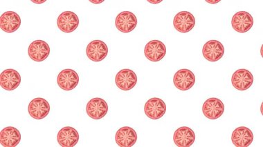 Taze kırmızı domates dilimlerinin parlak beyaz arka planda hareketli, pürüzsüz desenleri. Yemek pişirme dersleri, sağlıklı diyet tanıtımları ve mutfak pazarlama videoları için minimalist gıda animasyonu ideal