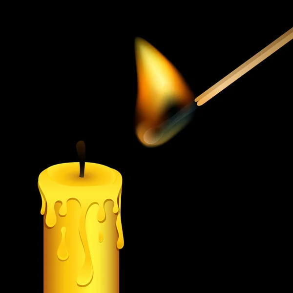 Burning match and candle on black background — Stock Vector
