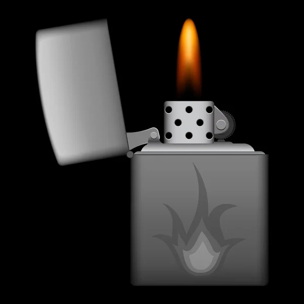 Burning metal lighter on black background — Stock Vector