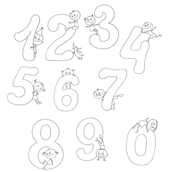 Çocuklarla birlikte sayı kümesi. Sayı ile oynayan çocuk. Çizgi film numaraları üzerinde beyaz çizgi siyah.