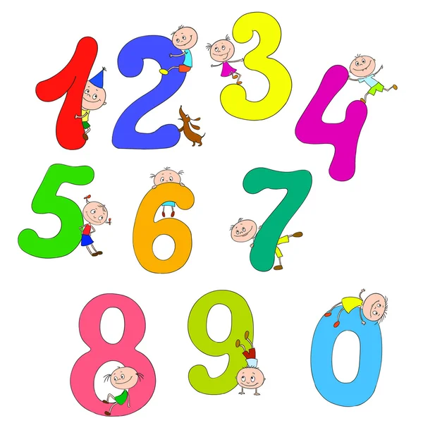 Een reeks getallen met de kinderen. Vrolijke kinderen spelen met getallen. Cartoon kleurnummers. — Stockvector
