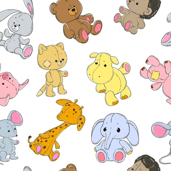 Sevimli hayvanlar üzerinde beyaz bir arka plan ile Seamless modeli. Fil, zürafa, su aygırı, ayı, domuz, kedi, fare, tavşan, kirpi. Vektör.