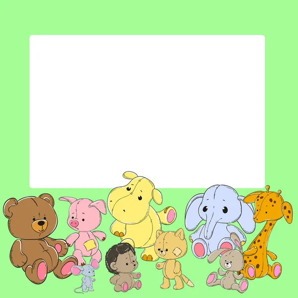 Rám s roztomilá hračka zvířata. Prostor pro váš text. Slon, Ježek, žirafa, kočka, medvěd, myš, prase, králík, hroch. — Stockový vektor