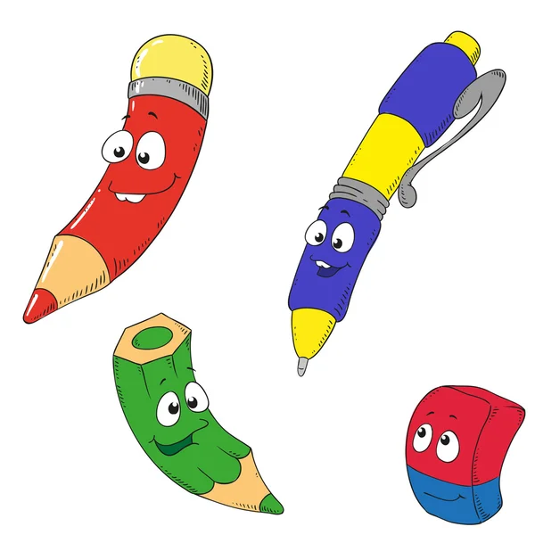 Personajes de dibujos animados conjunto escolar. Lápiz, borrador, pluma . — Vector de stock