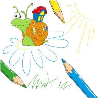 Komik karikatür salyangoz ve kalem. Beyaz arka plan üzerinde vektör çizim.