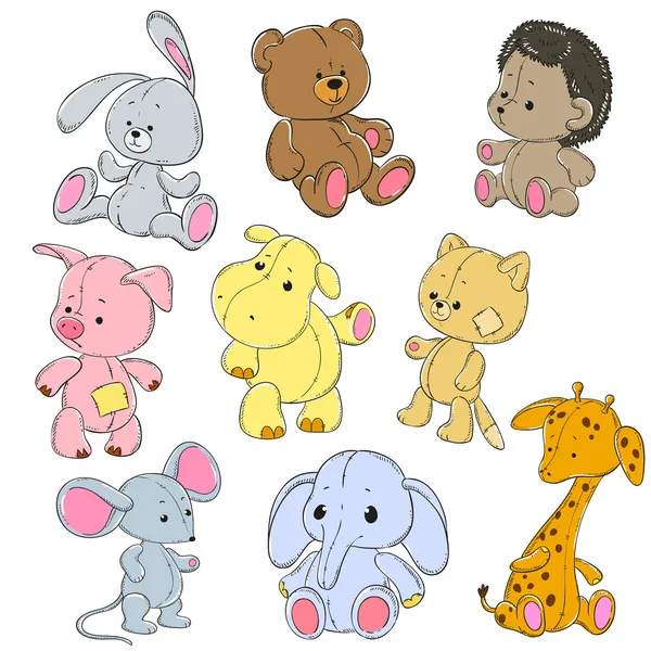 Colección de juguetes blandos. Conejo de juguete de dibujos animados, elefante, hipopótamo, gato, oso, jirafa, ratón, erizo, cerdo. Personajes de garabato vectorial . — Vector de stock