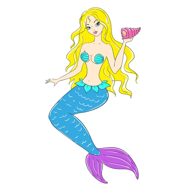 Zeichentrickfigur Meerjungfrau mit Muschel — Stockvektor