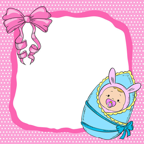 Children postcard with a bow and a baby.