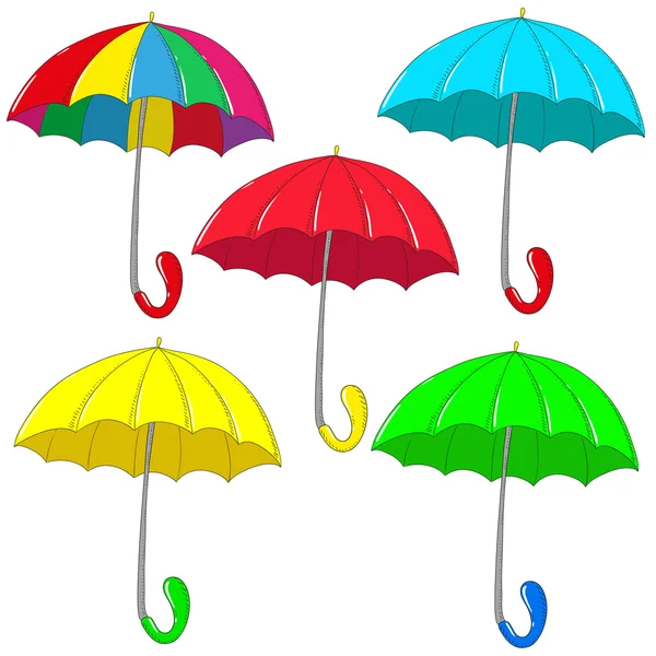 Set umbrellas. Blue, yellow, red, green, iridescent. — Stock Vector