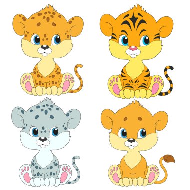 Çizgi film karakter kümesi. Yavrularını vektör. Aslan, leopar, kaplan, kar leoparı.