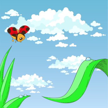 Uğur böceği ve çim. Bulutlu gökyüzü.