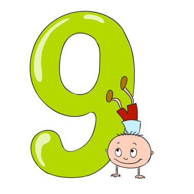 Rakamlar ve çocuk. İllüstrasyon karikatür. Karakter vektör. 9