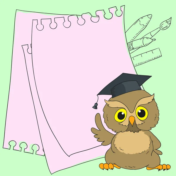 Akıllı baykuş sevimli karakter. Metin alanı ile kartı. — Stok Vektör