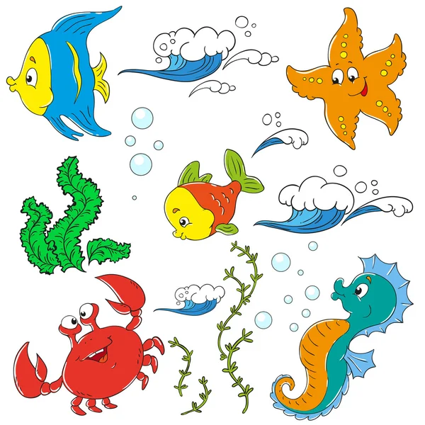Uma coleção de elementos. Oceano. Peixe, caranguejo, estrela do mar, cavalo marinho, algas marinhas, onda, bolhas —  Vetores de Stock