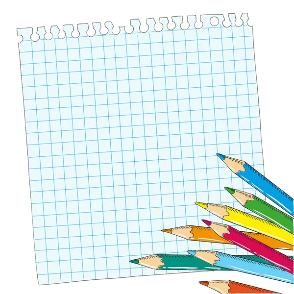 Bakgrund skola. Anteckningsblock och pennor. — Stock vektor