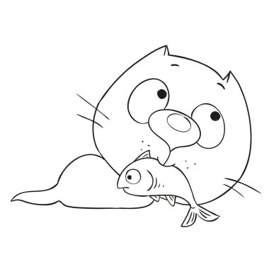 Şirin yavru kedi çizgi film karakteri. Kedi ve balık boyama kitabı.