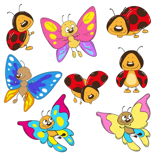 Set butterflies and ladybugs. Cartoon insect vector — Stock Vector