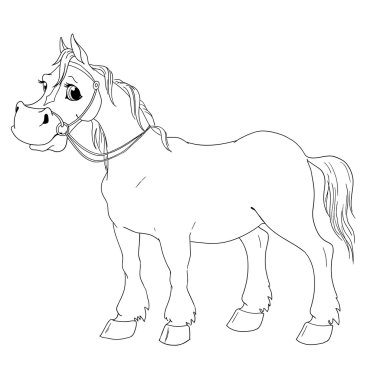 Komik karikatür karakter at. Vektör izole boyama kitabı.