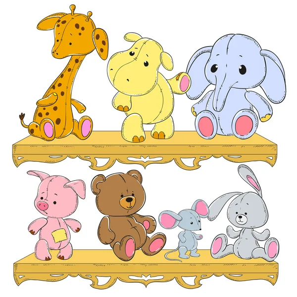 Παιδικά παιχνίδια στο ράφι. Καμηλοπάρδαλη, ιπποπόταμος, ελέφαντας, χοίρου, σκατζόχοιρος, λαγός, αρκούδα. Βελούδινα ζώων — Διανυσματικό Αρχείο