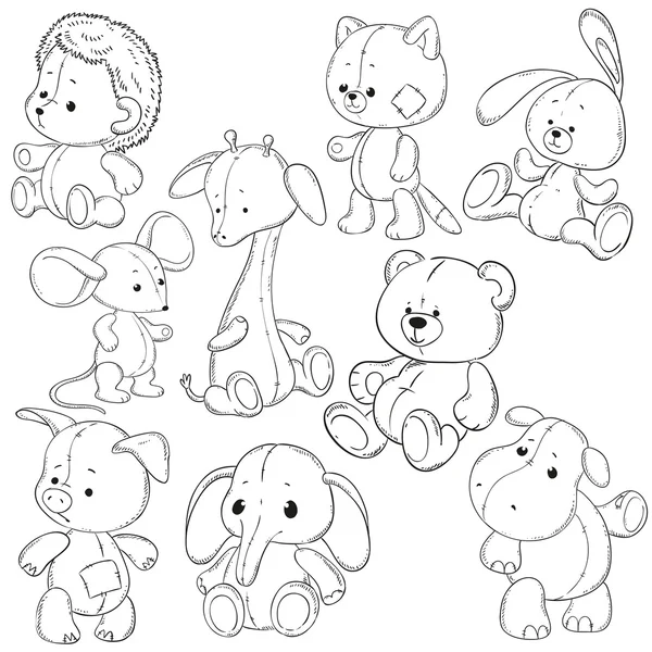 Una colección de peluches. Juguetes suaves para colorear libros — Vector de stock