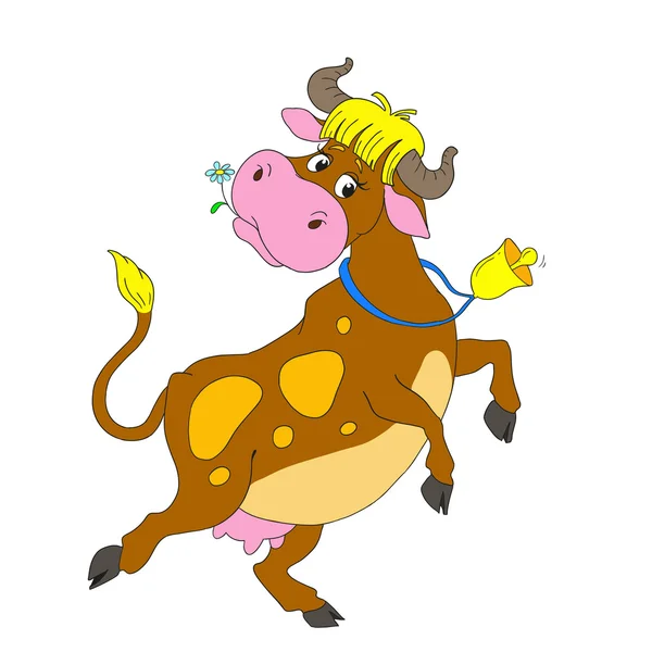 Cartoon characters dancing cow. Funny cow with a bell. Vector isolated — Stock Vector