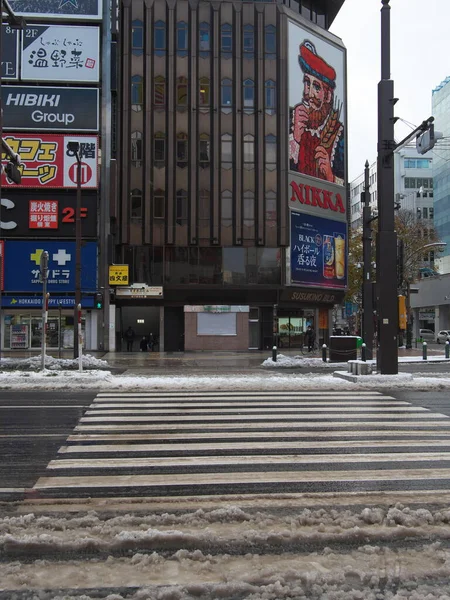 北海道 2020年11月11日 北海道札幌市で最も忙しい地域であるすすきの交差点を覆う雪 — ストック写真