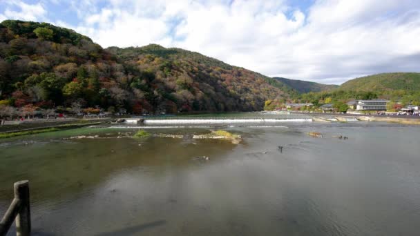 Kyoto Japão Novembro 2020 Vista Rio Arashiyama Katsura Ponte Togetsukyo — Vídeo de Stock