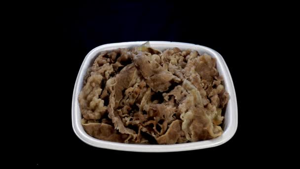 Tokyo Japan September 2021 Closeup Beef Bowl Gyudon Styrofoam Cup — Stock Video