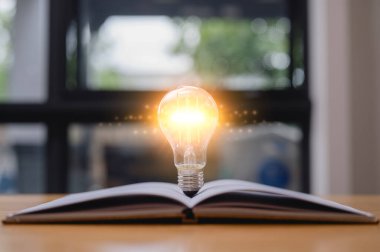 Eğitim araştırma ve öğrenme kavramında ampullü açık bir kitap.