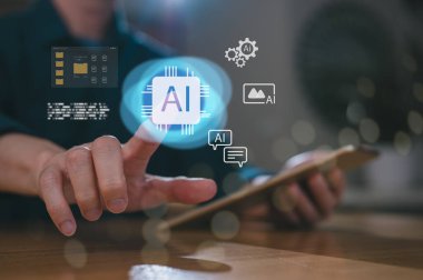 Ticari işlemler verilerinin Ai Dijital dönüşüm teknolojisi stratejisinde DevOps mühendisi, otomatikleştirme işlemleri, müşteri hizmetleri yönetimi, İnsan tableti ve ai veri tableti panelini kullanır