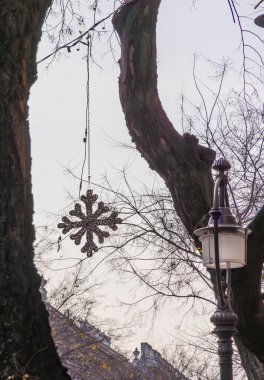 Geniş açılı yatay açılı, aydınlatmalı kar tanelerinin tarihi bir binanın ön cephesine karşı ağaç dallarından sarkıtılması