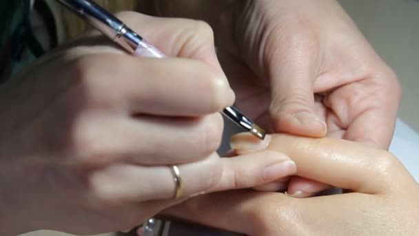 Técnico de uñas dando al cliente una manicura en el salón de manicura. Mujer joven recibiendo una manicura francesa . — Vídeo de stock