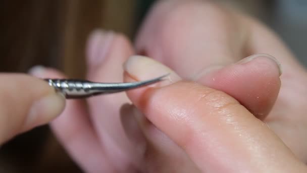 Nageltechniker gibt Kunden eine Maniküre im Nagelstudio. junge Frau erhält eine französische Maniküre. — Stockvideo