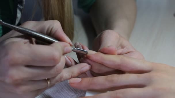 Hřebík technik dává zákazníkovi manikúru na hřebík salon. Mladá žena přijímá francouzská manikúra. — Stock video