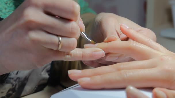 Paznokci technik dając klienta na salon paznokci manicure. Młoda kobieta odbiera francuski manicure. — Wideo stockowe