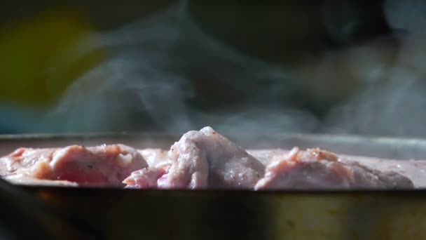 Τηγανίζουμε κρέας σε ένα τηγάνι — Αρχείο Βίντεο
