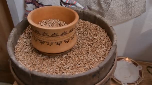 小麦粉製品の調製に使用するためのアンティーク素朴なボウルに注ぎ乾燥小麦粒 — ストック動画