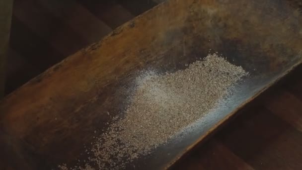 Die Alte Mühle Aus Quernstein Mit Getreide Der Mann Mahlt — Stockvideo