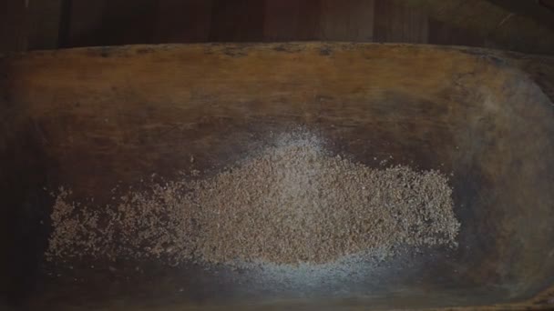Die Alte Mühle Aus Quernstein Mit Getreide Der Mann Mahlt — Stockvideo