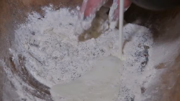 Ancient Way Making Bread Countryside Man Stirring Dough His Hands — Stock Video