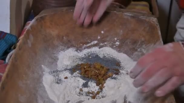 Ancient Way Making Bread Countryside Man Stirring Dough His Hands — Stock Video