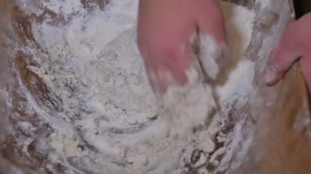 Ancient Way Making Bread Countryside Man Stirring Dough His Hands — Stock Video