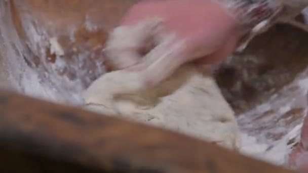 Ancient Way Making Bread Countryside Man Stirring Dough His Hands — Stock Video