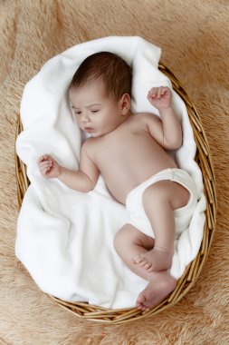 Yeni doğan bebek hasır sepet içinde yatan