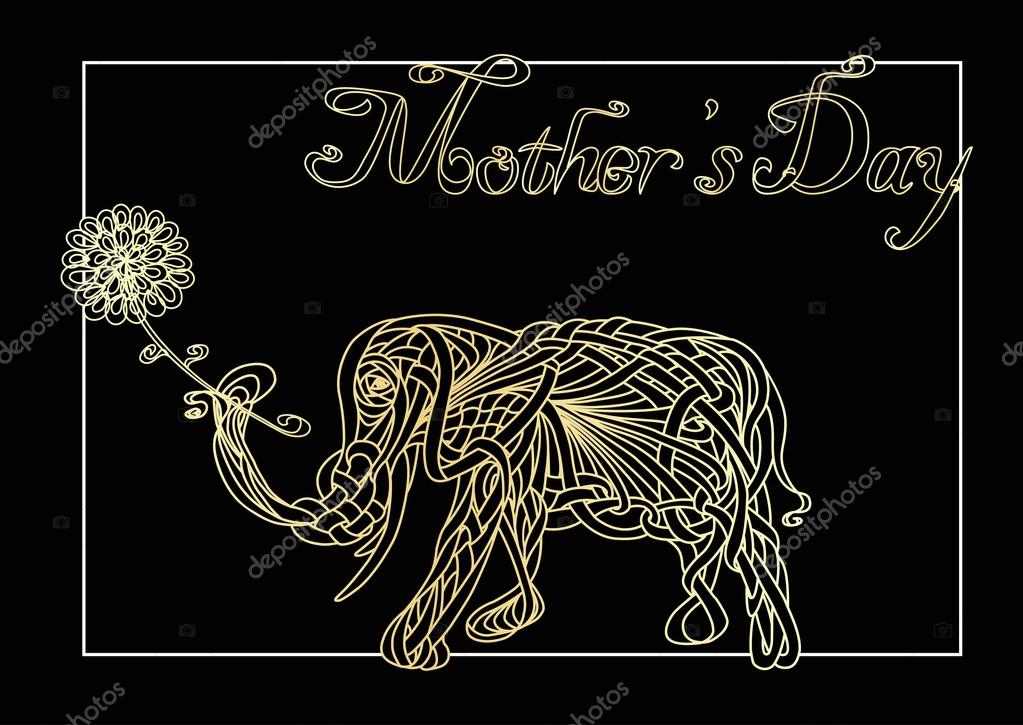 Card of Mother's day with elephant side view, gold line on a black background, vector illustration, eps10
