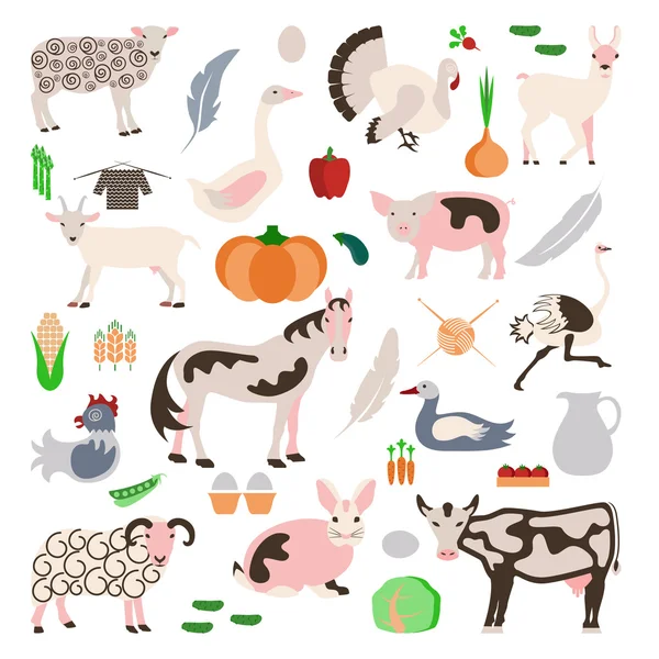 Definir animais de fazenda e legumes ícone —  Vetores de Stock