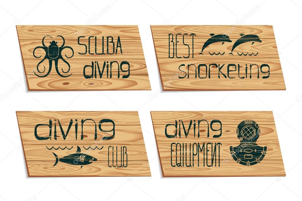 Set design logo scuba diving and snorkeling with octopus, shark, dolphin, helmet, wood texture, vector illustration, eps10