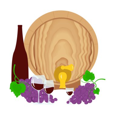 Üzüm, varil, şişe ve kadeh şarap ile natürmort