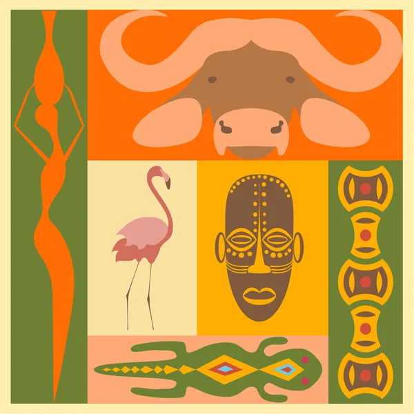 Conjunto de povos africanos, animais e elementos simbolos —  Vetores de Stock